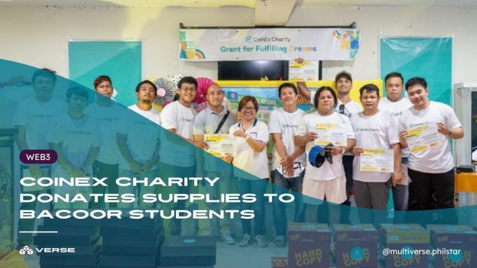 CoinEx Charity team donating school supplies to Bacoor National High School students